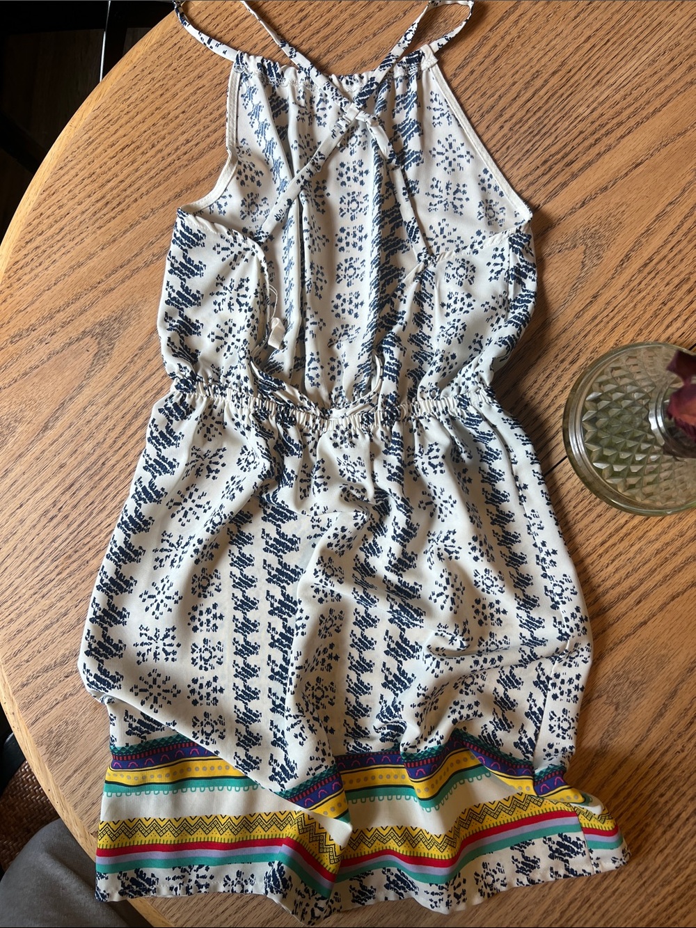 “Peppermint” Cream and Navy Printed Halter Dress with Colorful Hem